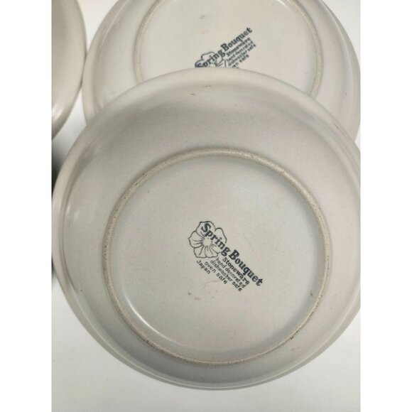 4- Stoneware 7.5" Bowls Neutral Spring Bouquet Vintage Retro Green Rim - Picture 4 of 5
